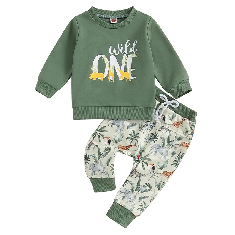 Baby Boys 2PCS Outfits Long Sleeve Crew Neck Letter Print Tops Animal Print Pants Fall Sets