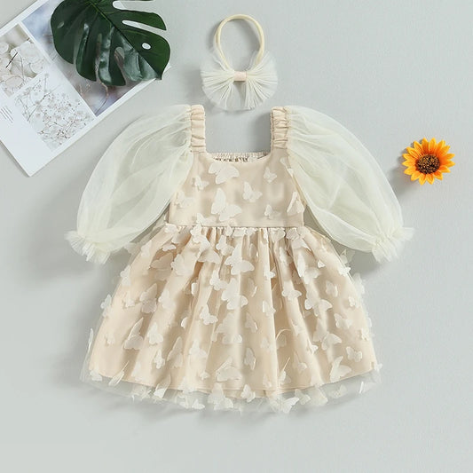 Toddler Girls Fall Outfits Butterfly Princess Dress Long Sleeves A-Line Dress Headband 2Pcs Set