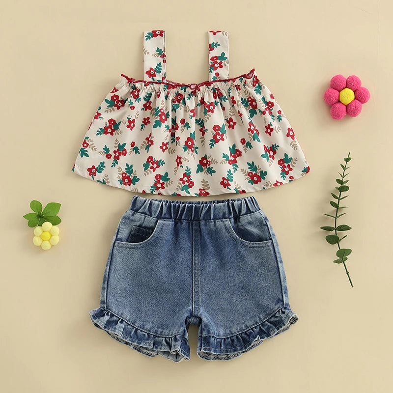 Baby Girls Summer Outfits Floral Print Sleeveless Camisole and Elastic Ruffled Denim Shorts Set Clothes