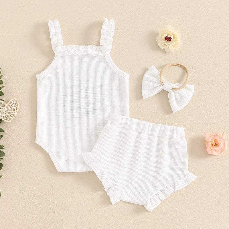 Baby Girl Summer Outfits Waffle Flower Embroidered Sleeveless Romper Ruffles Shorts Headband 3Pcs Set