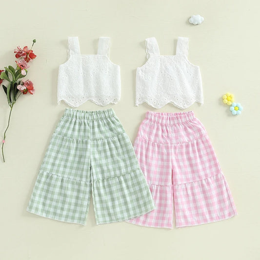 Toddler Girl Summer Clothes Eyelet Embroidery Cami Tops+Elastic Waist Plaid Print Wide Leg Pants 2Pcs Set