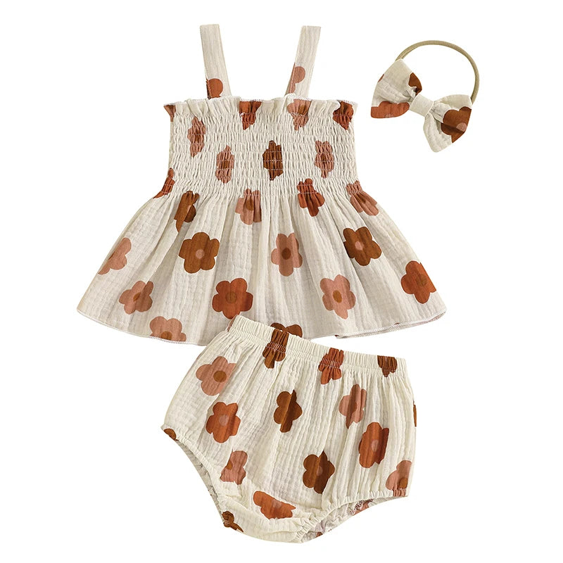 Baby Girl Summer Clothes Floral Print Suspender Smocked Tank Tops + Elastic Waist Shorts + Bow Headband 3Pcs Set