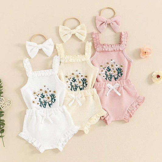 Baby Girl Summer Outfits Waffle Flower Embroidered Sleeveless Romper Ruffles Shorts Headband 3Pcs Set