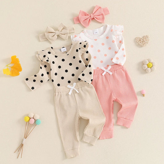 Baby Girls Fall Outfit, Long Sleeve Dots Print Romper with Pants and Bowknot Headband Clothing Set