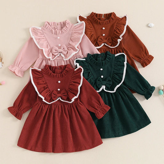 Autumn Spring Little Girl Corduroy Dress Mock Neck Ruffled Long Sleeve Bow Decor A-Line Dress