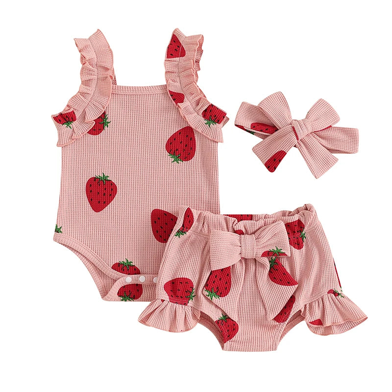 Baby Girls Summer Outfits Bow/Strawberry Print Sleeveless Romper with Ruffled Shorts Bow Headband 3Pcs Set
