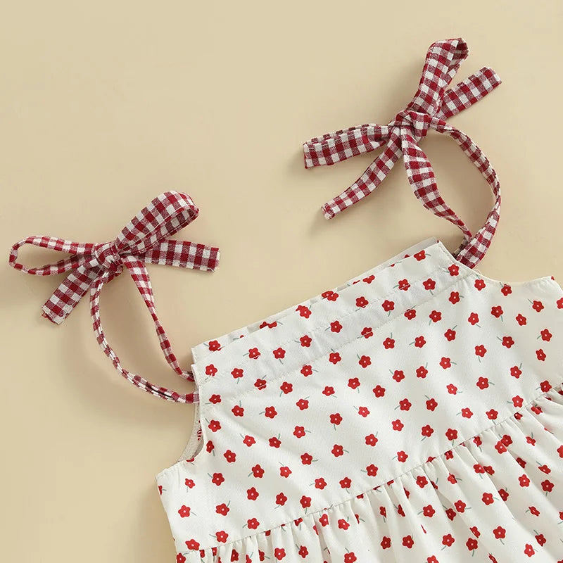 Baby Girl Summer Clothes Floral Print Tie-up Spaghetti Strap Cami Tops + Elastic Waist Plaid Shorts Set