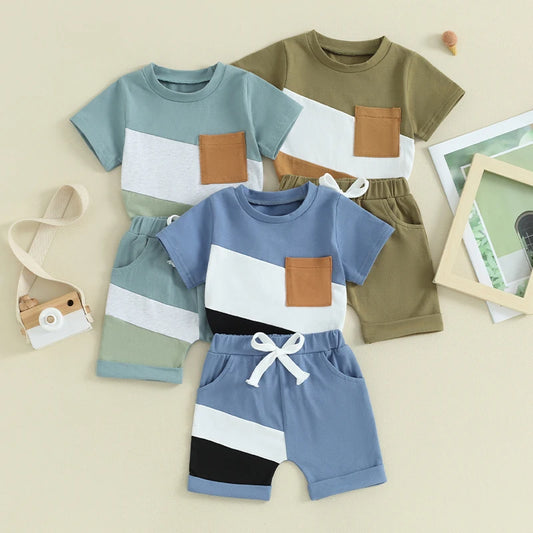Toddler Boys Shorts Set Contrast Color Short Sleeve T-shirt with Elastic Waist Shorts Set Summer Outfit