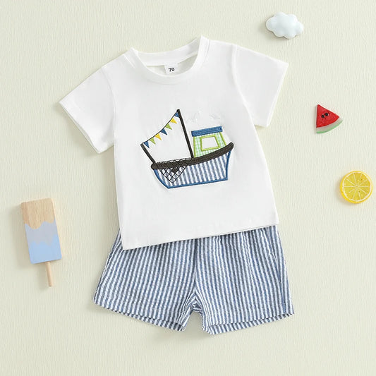 Toddler Baby Boy Shorts Set Boat Embroidery Short Sleeve T-shirt Striped Elastic Waist Shorts Summer Outfit