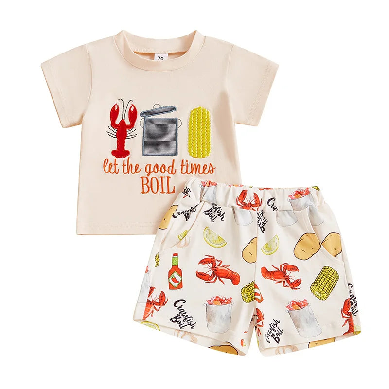 Kids Boys Summer Outfit Short Sleeve Crew Neck Embroidery T-shirt with Lobster Print Shorts Clothing Set