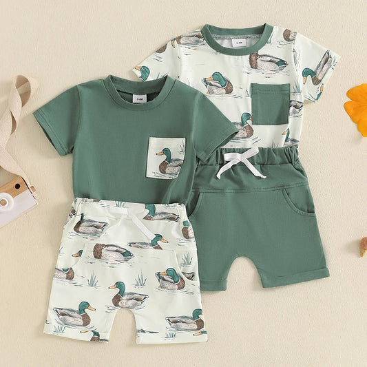Toddler Baby Boy Duck Outfit Short Sleeve T-shirts Elastic Waist Shorts Farm Clothes Summer Set