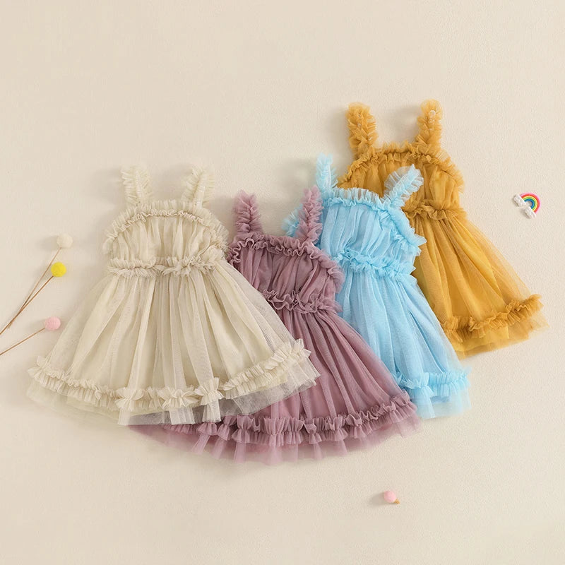 Toddler Girl Summer Tulle Dress Solid Color Sleeveless Mesh Ruffled A-Line Dress