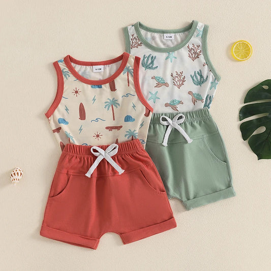 Infant Toddler Baby Boy Summer Clothes Sleeveless Pattern Print Tank Vest Top Solid Jogger Shorts Set Beach Outfit