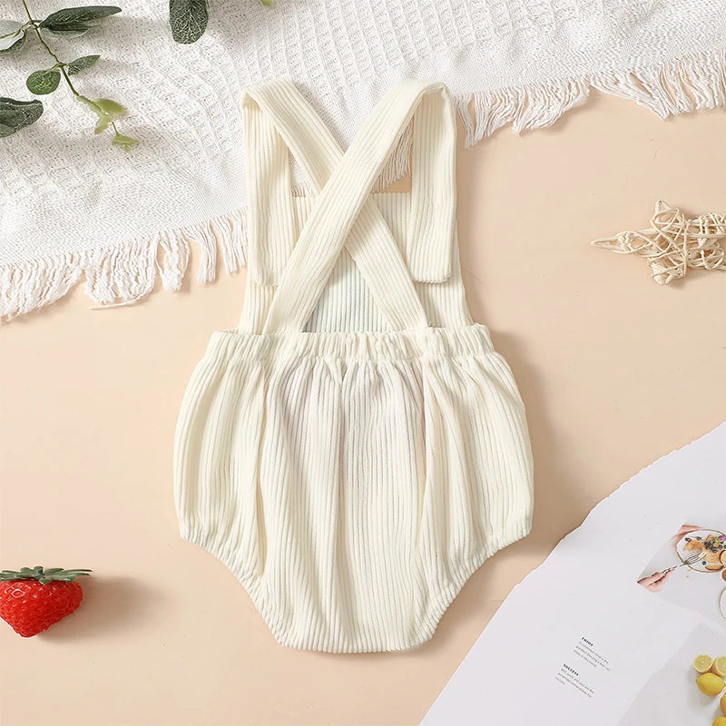 Baby Girl Overalls Rainbow/Strawberry Embroidery Square Neck Sleeveless Ribbed Romper