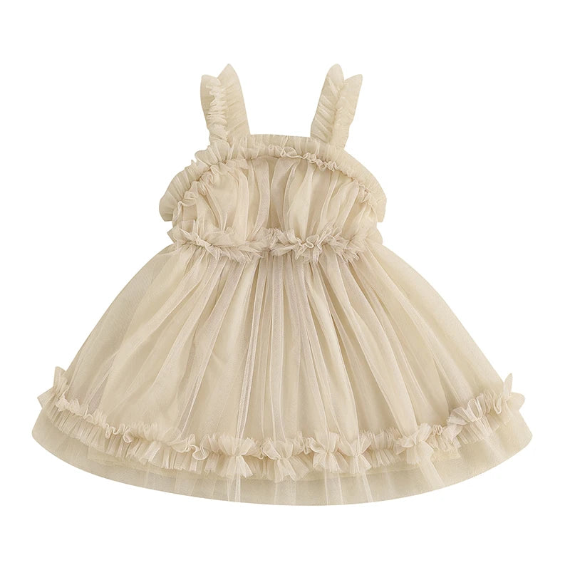 Toddler Girl Summer Tulle Dress Solid Color Sleeveless Mesh Ruffled A-Line Dress
