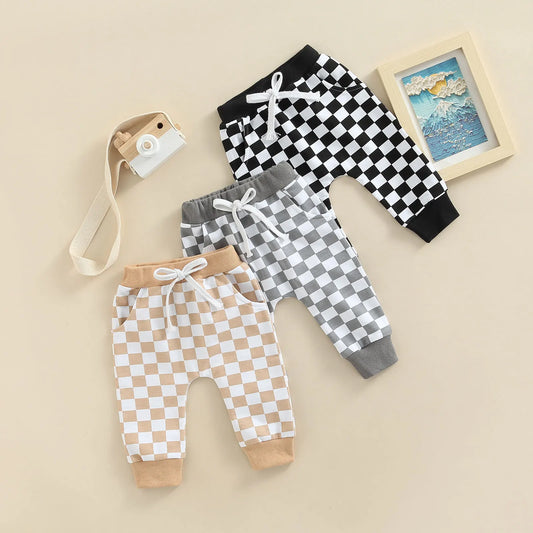 Toddler Baby Boy Casual Pants Checkered Tie-up Autumn Clothing 3 Colors