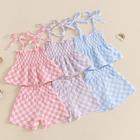 Toddler Baby Girl Summer Clothes Plaid Print Smocked Camisole + Elastic Waist Shorts 2Pcs Set