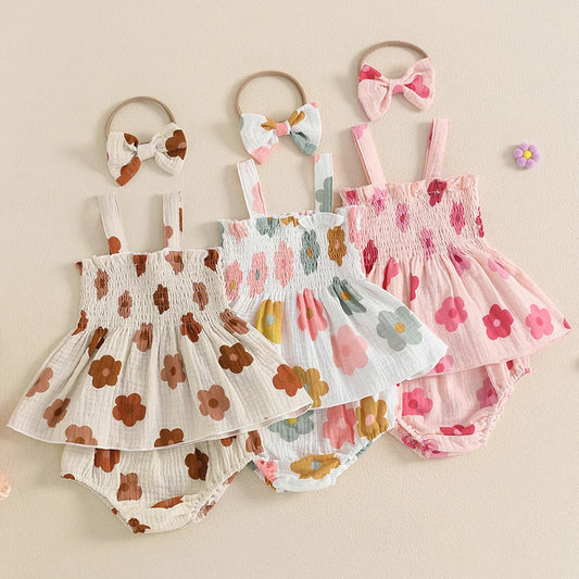 Baby Girl Summer Clothes Floral Print Suspender Smocked Tank Tops + Elastic Waist Shorts + Bow Headband 3Pcs Set