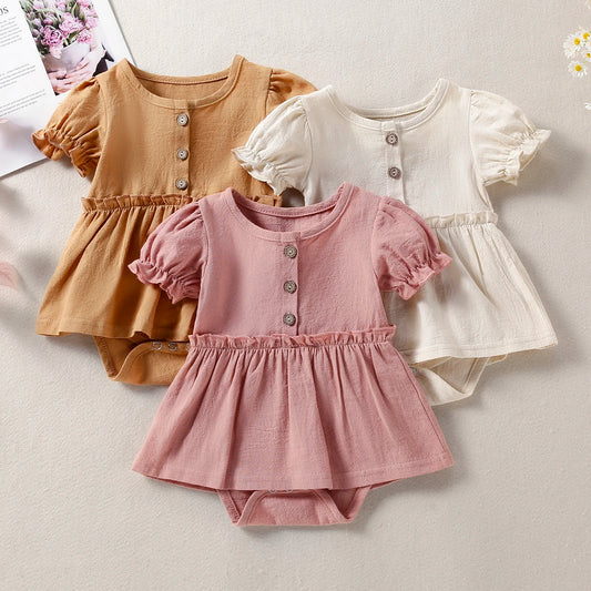 Newborn Girl Short Sleeve Romper Solid Button Round Neck Patchwork Dress Style Playsuit Simple Bodysuit