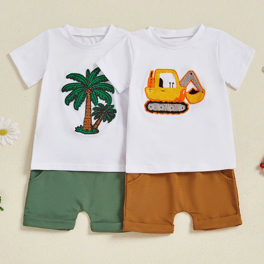 Toddler Boy Summer Outfit Tree/Excavator Embroidered Short Sleeve Round Neck T-Shirt +Solid Shorts 2Pcs Set