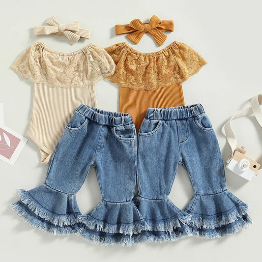 Infant Baby Girls 3Pcs Summer Pants Set Sleeveless Lace Patchwork Romper with Tasseled Flare Pants