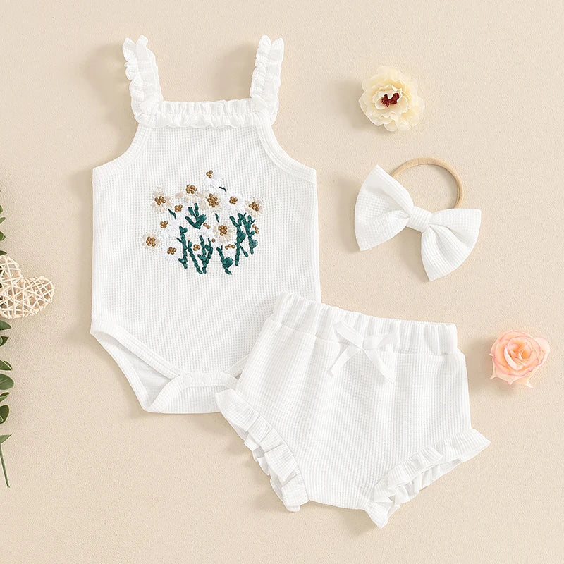 Baby Girl Summer Outfits Waffle Flower Embroidered Sleeveless Romper Ruffles Shorts Headband 3Pcs Set
