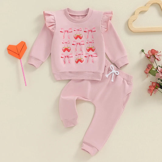 Baby Girl 2Pcs Fall Outfits Cute Bow Print Long Sleeve Pullover + Pants Set Toddler Clothes