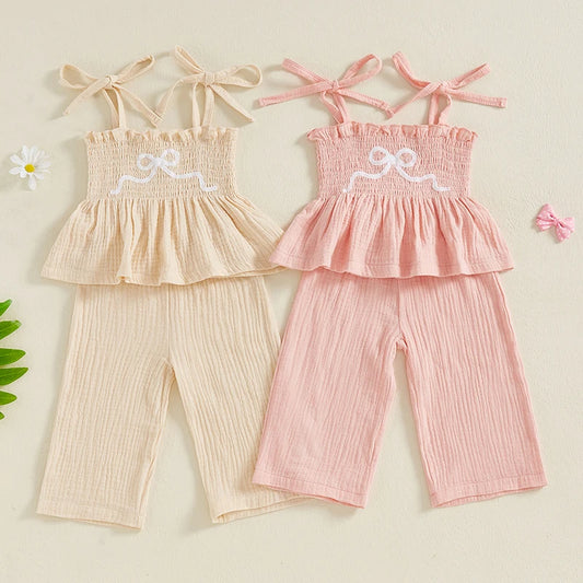 Toddler Baby Girl Set Bow Embroidery Sleeveless Smocked Lacing Strap Camisole Elastic Waistband Pants Outfits