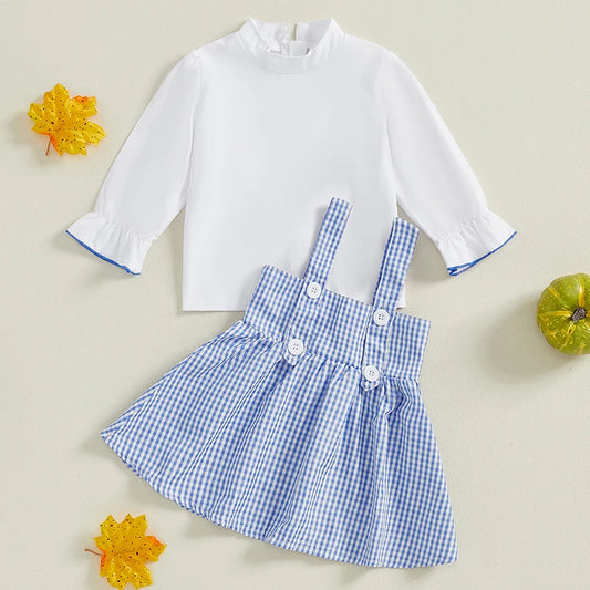 Kids Girls 2 Piece Outfit, Long Sleeve T-shirt with Plaid A-line Overall Dress Fall Outfit