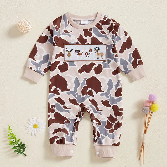 Baby Boy Camouflage Dog Reindeer Embroidered Long Sleeve Sweatshirt Jumpsuit Romper