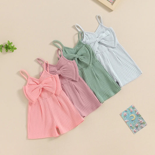 Summer Kids Baby Girl Ribbed Jumpsuit Cute Bow Sleeveless Romper Shorts Cute Clothes