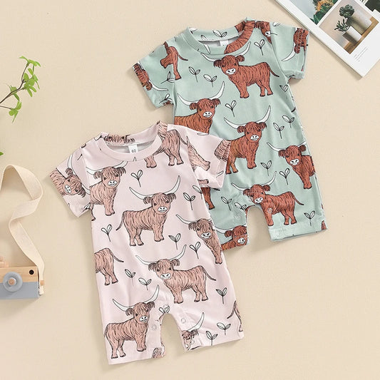 Baby Boys Western Short Sleeve Crew Neck Cow Head Print Casual Romper Jumpsuit