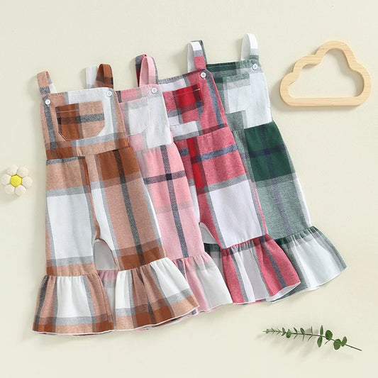 Little Girl Plaid Overalls Casual Square Neck Sleeveless Bell Bottom Jumpsuit for Fall