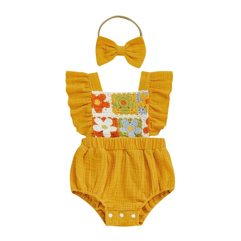 Summer Baby Girl Crochet Flower Romper Flying Sleeve Bodysuit with Bow Headband Outfit