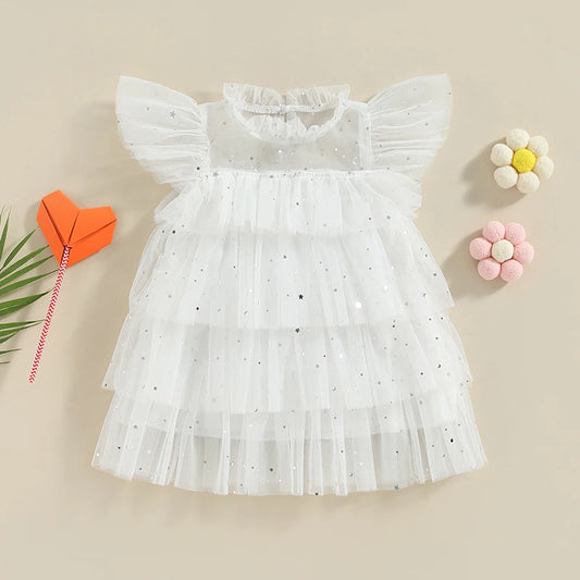 Toddler Kids Girls Dress Stars Moon Sequins Fly Sleeve Princess Dress Ruffles Tulle Dress