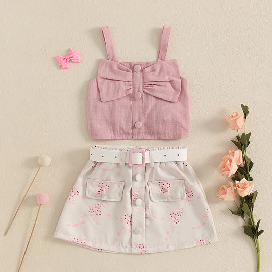 Toddler 2Pcs Baby Girl Summer Outfits Sleeveless Bow Tank Tops + Belted Skirt Set Clothes