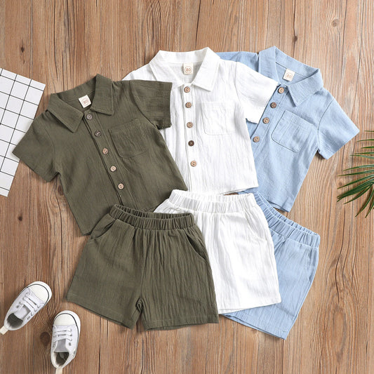 Toddler Baby Girl Boy Summer Clothing Set Short Sleeve Solid Turn-Down Collar Shirt Shorts