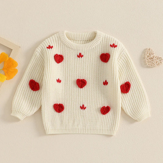 Toddler Girls Valentine's Day Sweaters Heart Long Sleeve O-Neck Ribbed Chunky Knit Jumper Tops