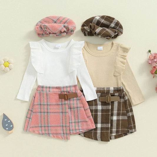 Toddler Girl Fall Outfits Solid Color Ribbed Knit Ruffles Crew Neck Long Sleeve Tops Plaid Skirts Hat Set