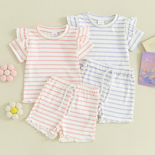 Toddler Baby Girl Summer Outfit Waffle Knit Frilly Short Sleeve T-Shirt Shorts Set 2Pcs Clothes Set
