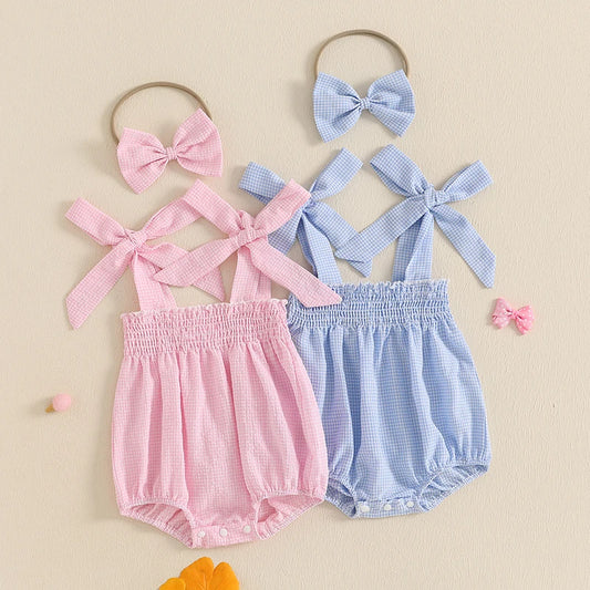 Baby Girl Plaid Print Romper Sleeveless Tie Strap Smocked Jumpsuit with Bow Headband