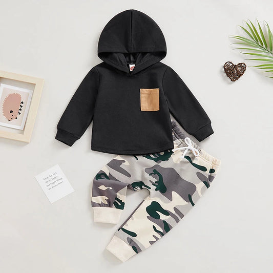 Baby Boys Tracksuit Outfits Long Sleeve Hooded Sweatshirt Elastic Camouflage Pants Suit