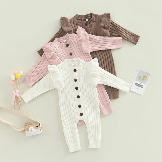 Baby Girl’s Knitted Long Sleeve Jumpsuit Fashion Solid Round Neck Button Casual Long Romper