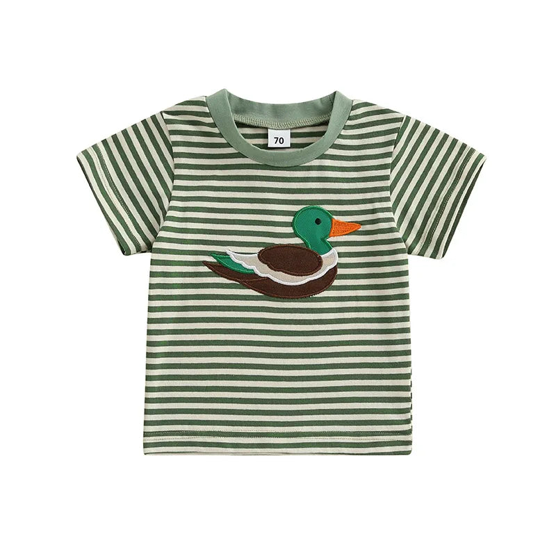 Toddler Boy Summer T-Shirt Duck Embroidery Short Sleeve Round Neck Stripe Print Top