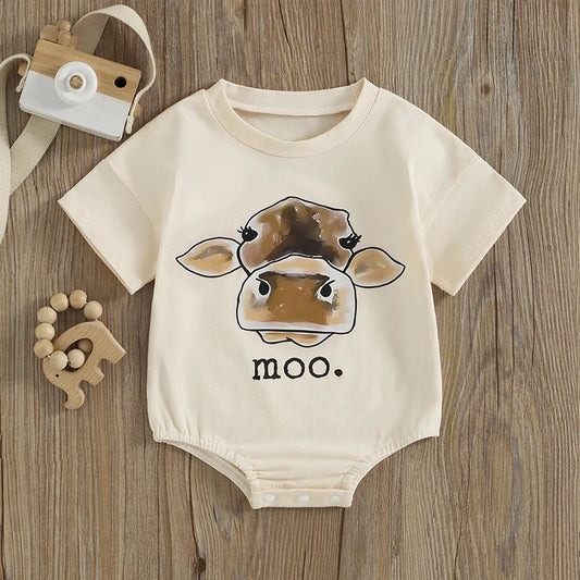 Baby Short Sleeve Crew Neck Cow Head "Moo" Print Bodysuit