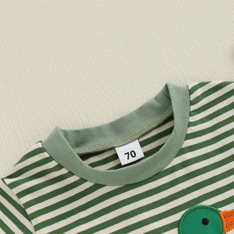 Toddler Boy Summer T-Shirt Duck Embroidery Short Sleeve Round Neck Stripe Print Top