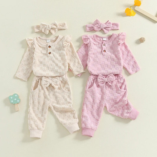 Baby Girls Set Checkered Button Long Sleeve Round Neck Ruffled Romper Bow Long Pants Hair Band Outfits