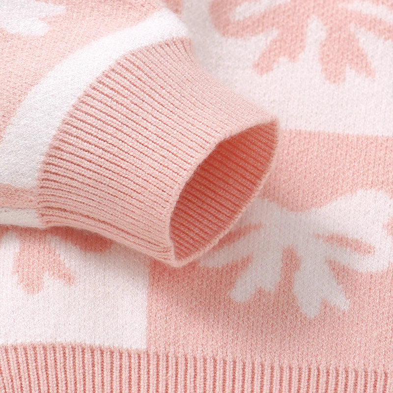 Toddler Girls Sweater Bowknot Print Contrast Color Crew Neck Long Sleeve Baby Pullovers Fall Clothes Tops
