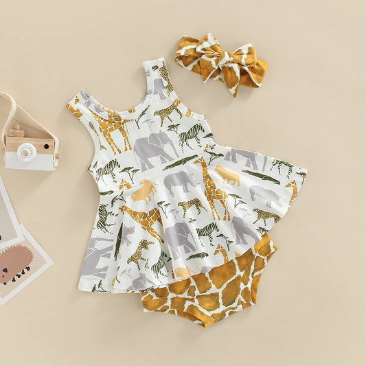 3PCS Baby Girls Summer Outfits Animal Print Ruffle Tank Tops Shorts Headband Set