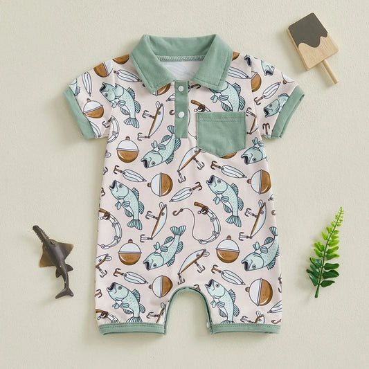 Baby Boy Fish Print Romper Half Button-up Lapel Neck Short Sleeve Bodysuit Cute Summer Clothes